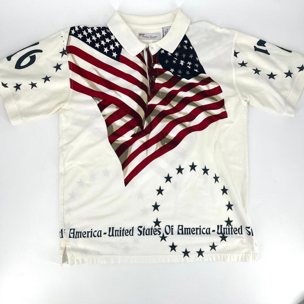 Vintage Mens American Summer Bicentennial Flag Double sided Polo Shirt Size M